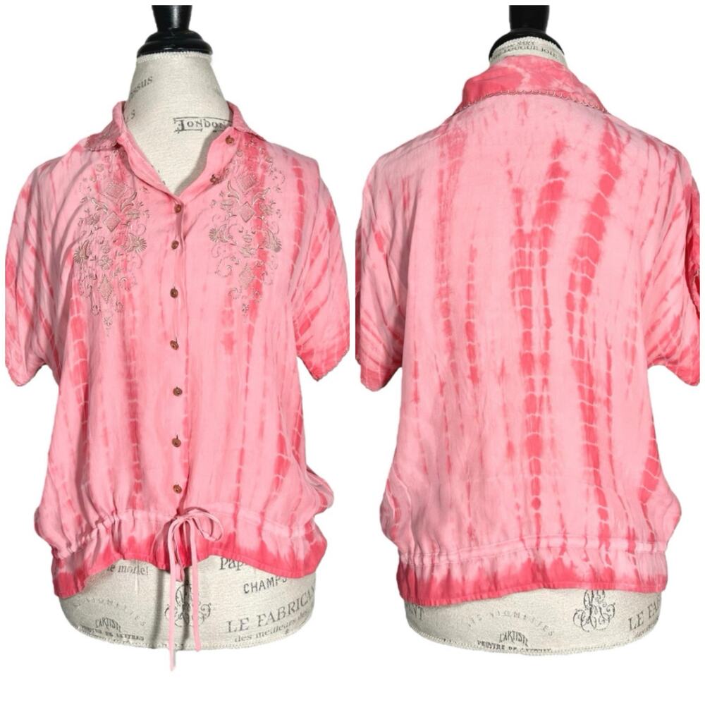 Sack’s | Women | 100% Silk Embroidered Tie Dye Cinch Boxy Button Up Blouse | M-L